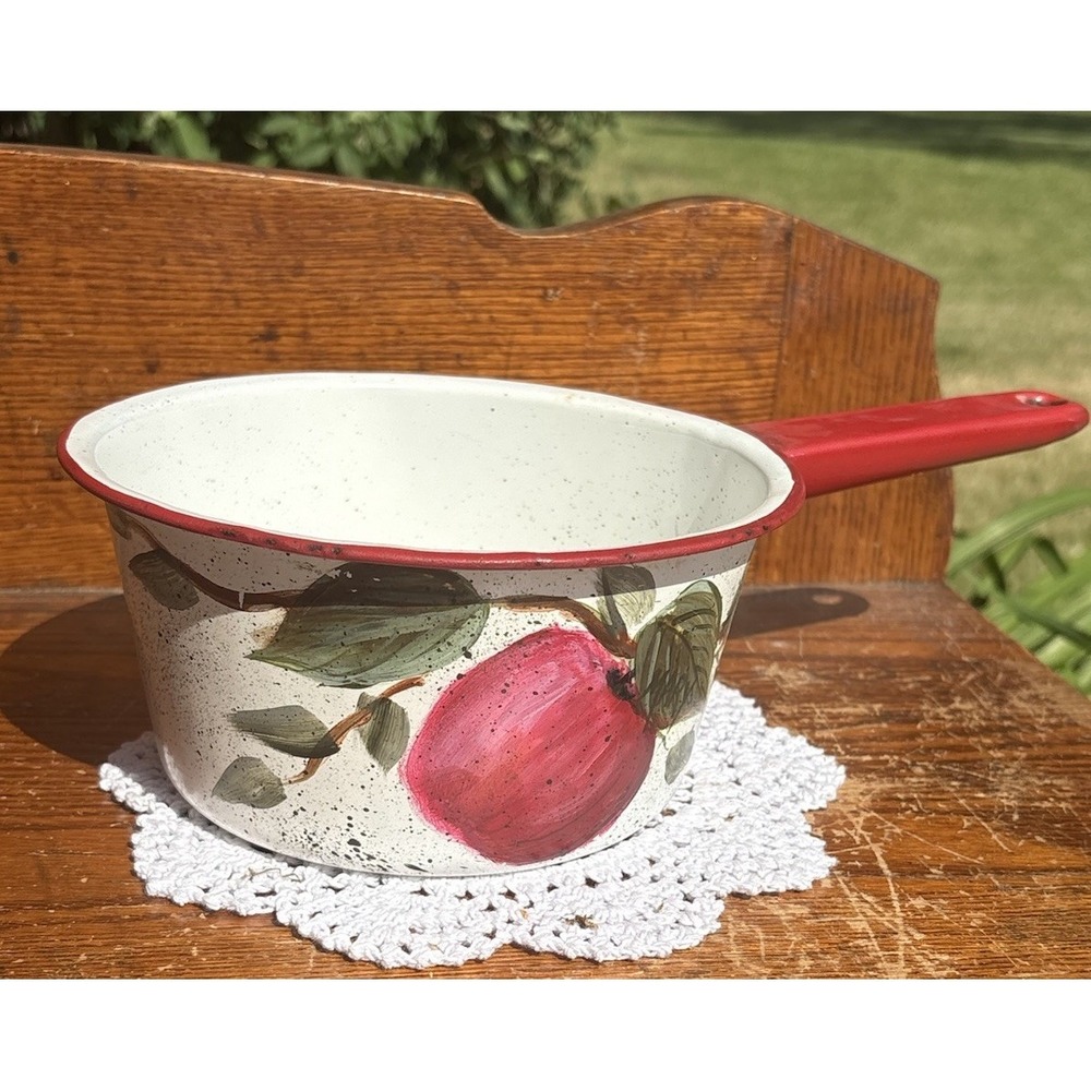 Vtg Enamelware Sauce Pan, Hand-Painted Red Apple Cottage Core 7"  Folk Art